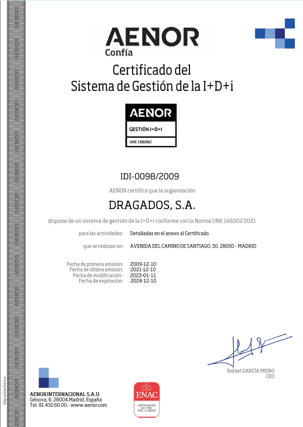 Certificado AENOR del Sistema de Gestión de la I + D + i