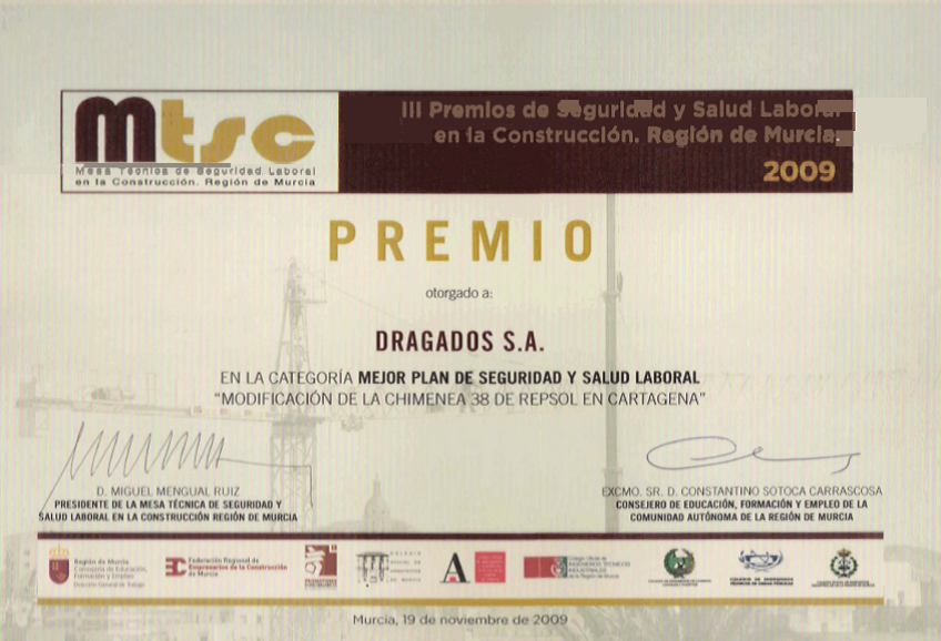 Diploma correspondiente al premio de Seguridad y Salud laboral en la construcción Región de Murcia