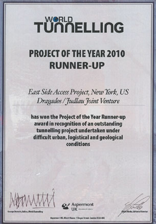 Diploma correspondiente al premio del proyecto del año por 'East Side Access'