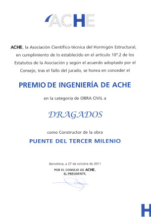 Diploma correspondiente al premio de ingeniería de Ache Obra Civil  - Puente del Tercer Milenio
