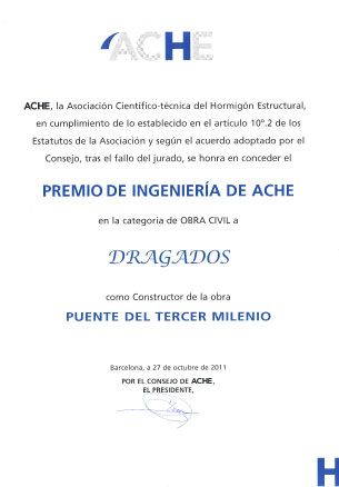 Diploma correspondiente al premio de ingeniería de Ache Obra Civil - Puente del Tercer Milenio
