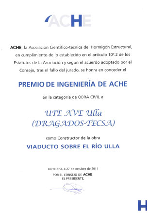 Diploma correspondiente al premio de ingeniería de Ache Obra Civil  - UTE AVE Ulla