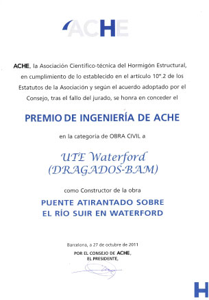 Diploma correspondiente al premio de ingeniería de Ache Obra Civil  - Waterford