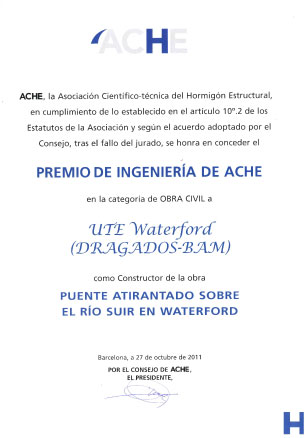 Diploma correspondiente al premio de ingeniería de Ache Obra Civil - Waterford