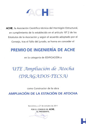 Diploma correspondiente al premio de ingeniería de Ache Edificación - Estación de Atocha
