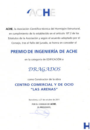 Diploma correspondiente al premio de ingeniería de Ache Edificación - Centro comercial Las Arenas