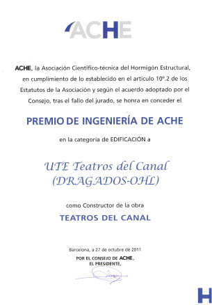 Diploma correspondiente al premio de ingeniería de Ache Edificación - Teatros del Canal