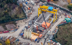 Aerial view of the beginning of the works for the construction of the metro, you can see how a machine is starting to make the hole through which the metro will pass