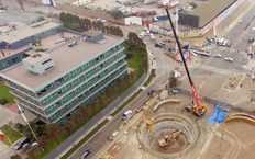 Aerial view of the beginning of the works for the construction of the metro, you can see how a machine is starting to make the hole through which the metro will pass