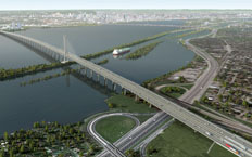 Aerial view of the bridge as it crosses the San Lorenzo River. The bridge can be seen in its entirety showing the existing connection between both parts of the canal