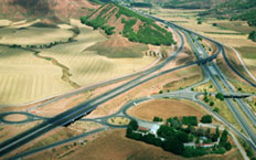 Aerial view of the R-3 motorway in Madrid, Spain.