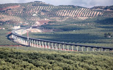 Aerial view of the viaduct in one of its many curved sections