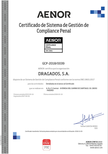 UNE 19601 Certification - Penal Compliance Management System