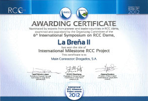 Diploma correspondiente al premio Presas RCC - Presa La Breña II