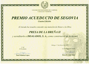 Diploma correspondiente al premio Acueducto de segovia - Presa La Breña II