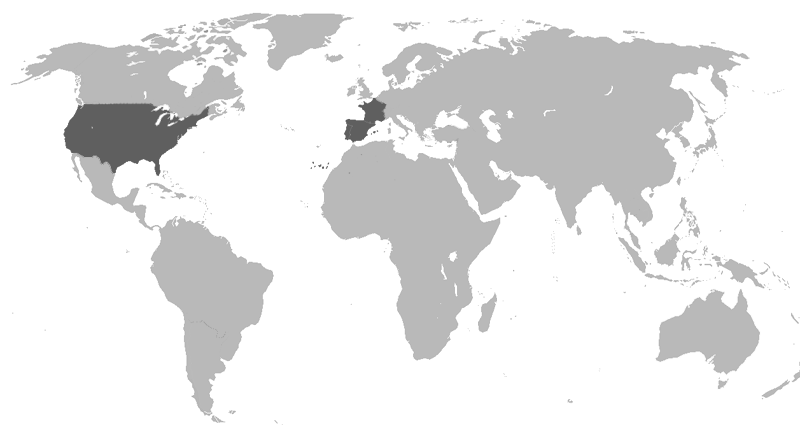 Mapa mundial en donde se muestran los paises en donde se han realizado proyectos de alta velocidad(USA, Francia, Portugal y España)
