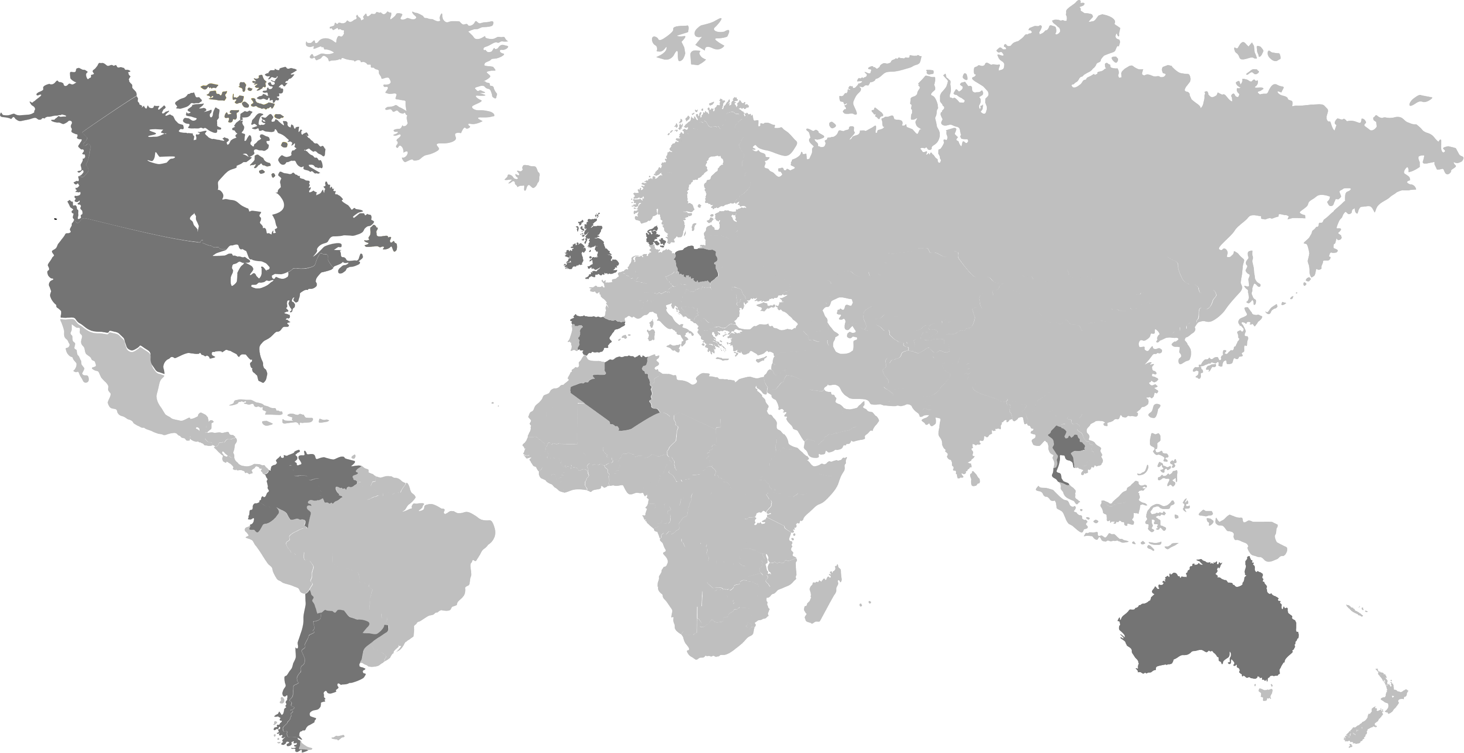 World map showing the countries where building projects have been carried out (North America, Chile, Argentina, Brazil, Colombia, Great Britain, Portugal and Spain among others).