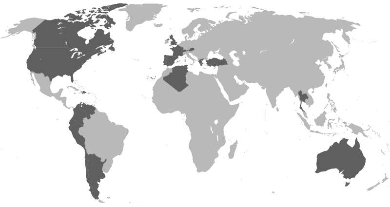 Mapa mundial en donde se muestran los paises en donde se han realizado proyectos de edificación (América del Norte, Chile, Argentina, Colombia, Austrália, Portugal y España entre otros)